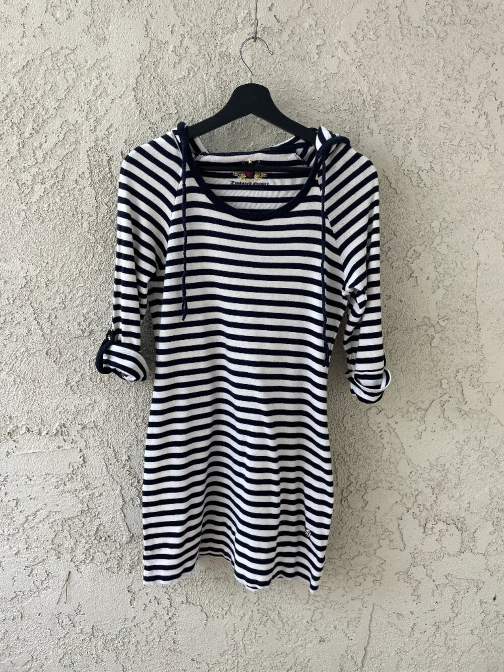 Twisted Heart Y2K Striped Hoodie Dress Rhinestone Heart Embellished Size Medium